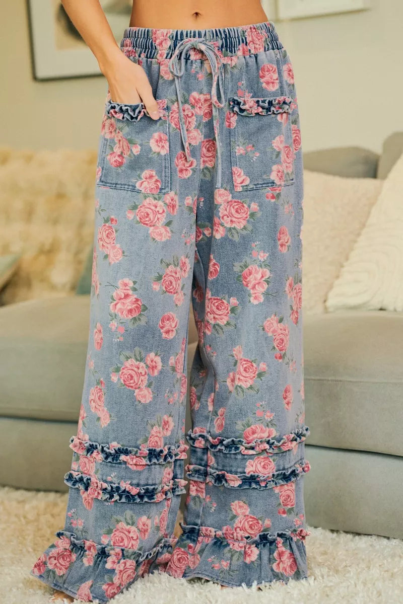 BiBi Washed Floral Denim With Ruffle Elastic Wide Pants - Redemption By Ashley North