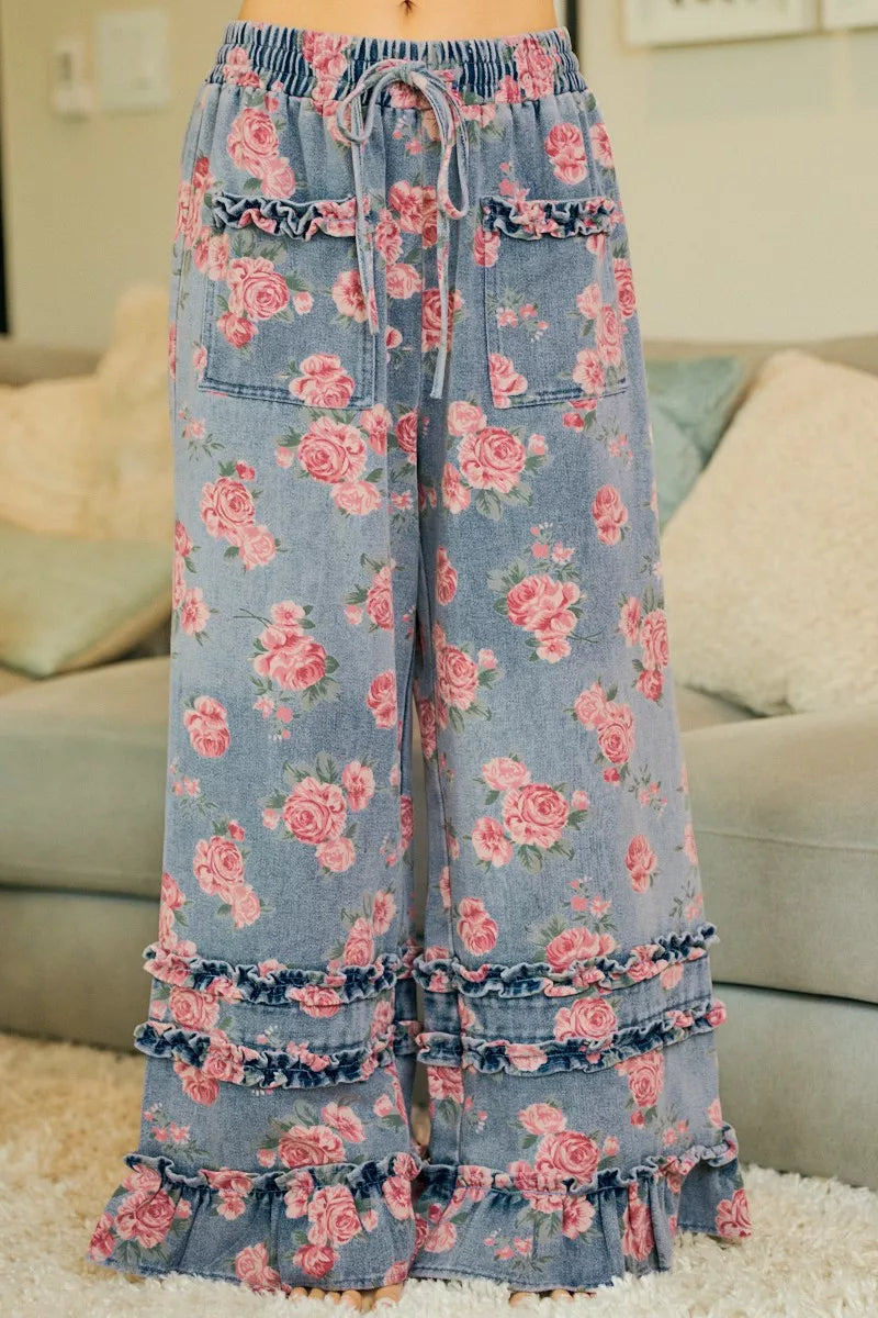 BiBi Washed Floral Denim With Ruffle Elastic Wide Pants - Redemption By Ashley North