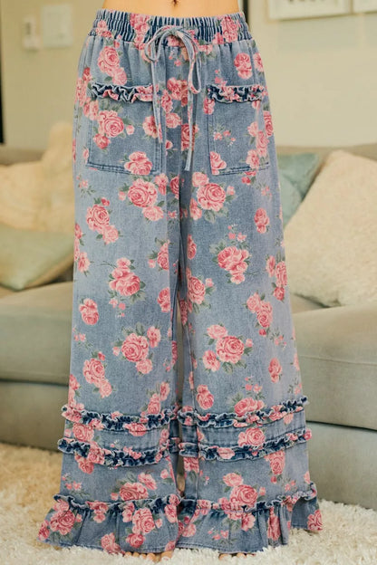 BiBi Washed Floral Denim With Ruffle Elastic Wide Pants - Redemption By Ashley North