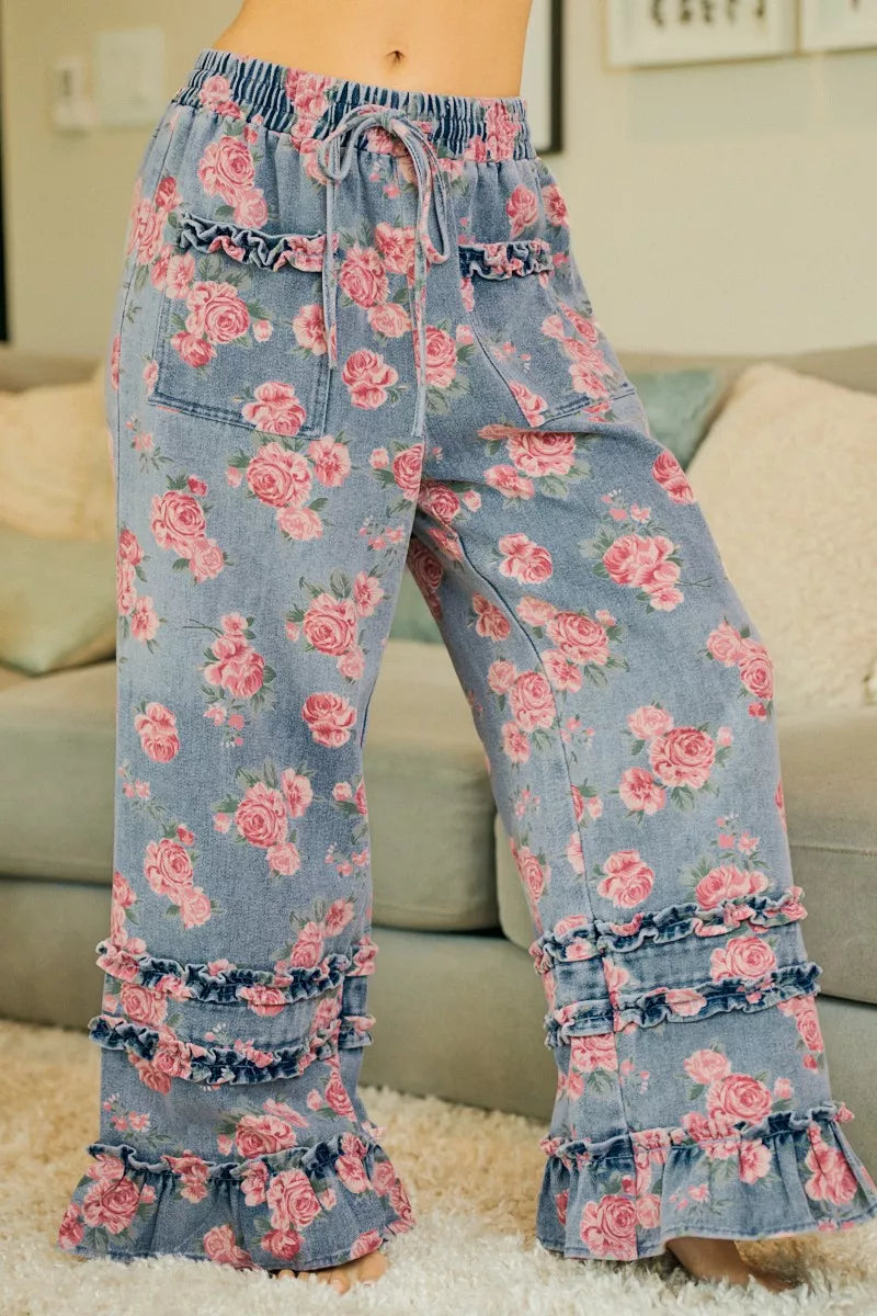 BiBi Washed Floral Denim With Ruffle Elastic Wide Pants - Redemption By Ashley North
