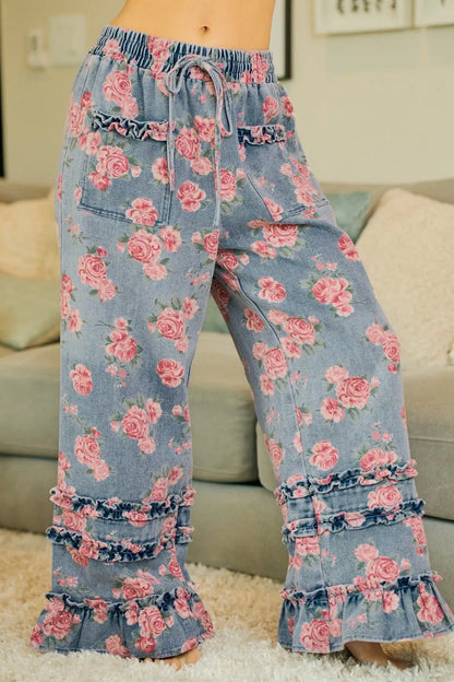 BiBi Washed Floral Denim With Ruffle Elastic Wide Pants - Redemption By Ashley North