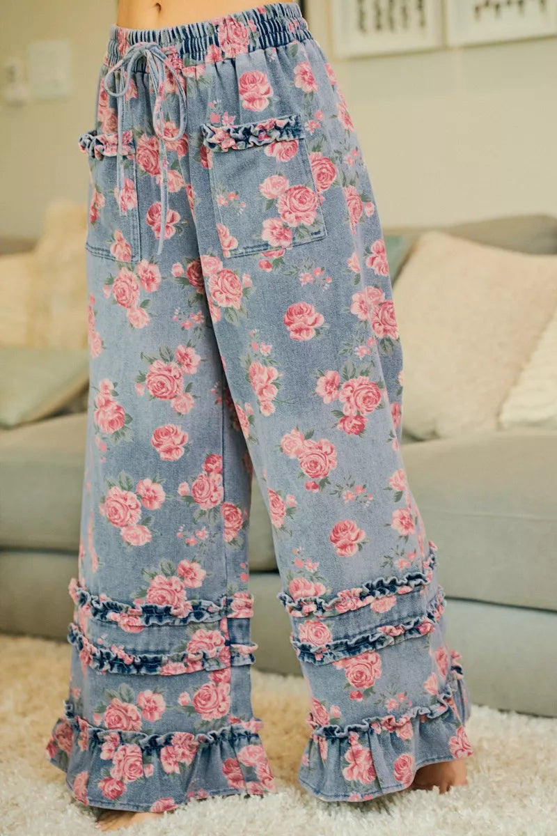 BiBi Washed Floral Denim With Ruffle Elastic Wide Pants - Redemption By Ashley North