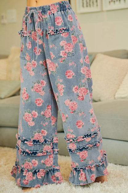 BiBi Washed Floral Denim With Ruffle Elastic Wide Pants - Redemption By Ashley North