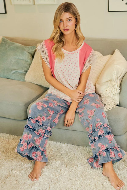 BiBi Washed Floral Denim With Ruffle Elastic Wide Pants - Redemption By Ashley North