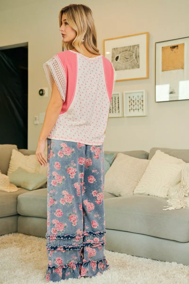 BiBi Washed Floral Denim With Ruffle Elastic Wide Pants - Redemption By Ashley North