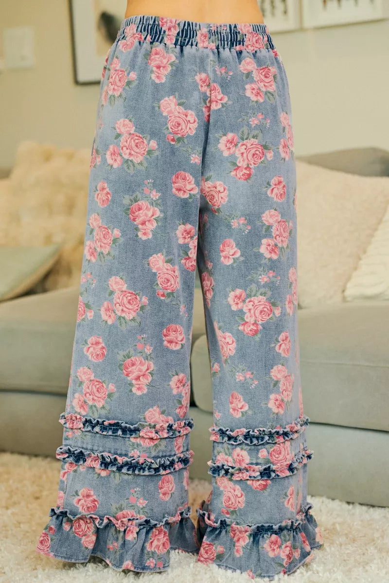 BiBi Washed Floral Denim With Ruffle Elastic Wide Pants - Redemption By Ashley North