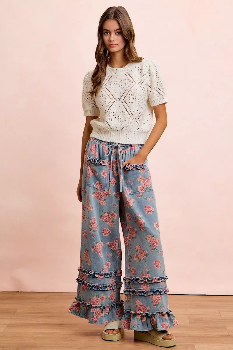 BiBi Washed Floral Denim With Ruffle Elastic Wide Pants - Redemption By Ashley North