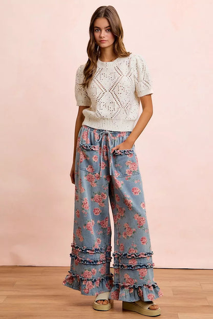 BiBi Washed Floral Denim With Ruffle Elastic Wide Pants - Redemption By Ashley North