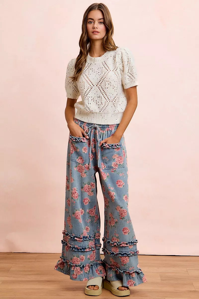 BiBi Washed Floral Denim With Ruffle Elastic Wide Pants - Redemption By Ashley North