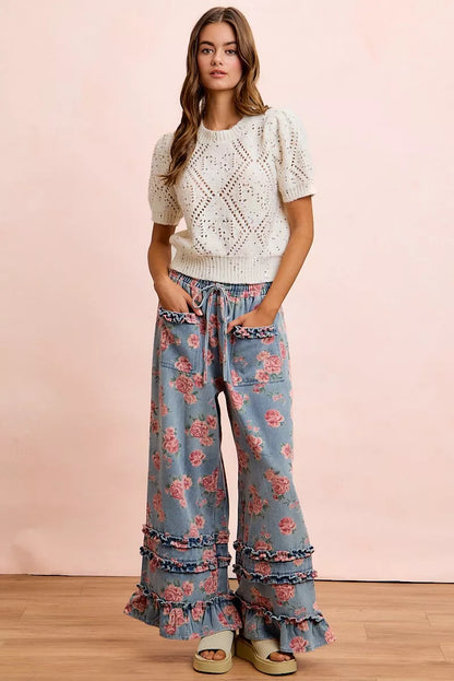 BiBi Washed Floral Denim With Ruffle Elastic Wide Pants - Redemption By Ashley North