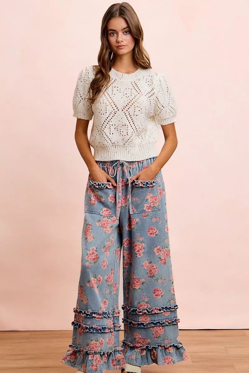 BiBi Washed Floral Denim With Ruffle Elastic Wide Pants - Redemption By Ashley North