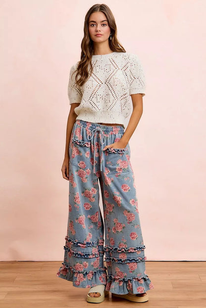 BiBi Washed Floral Denim With Ruffle Elastic Wide Pants - Redemption By Ashley North