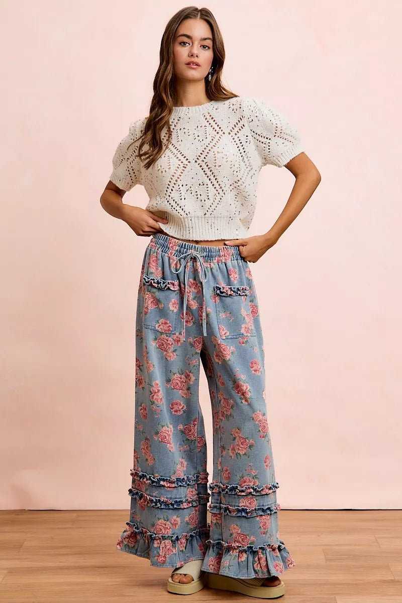 BiBi Washed Floral Denim With Ruffle Elastic Wide Pants - Redemption By Ashley North