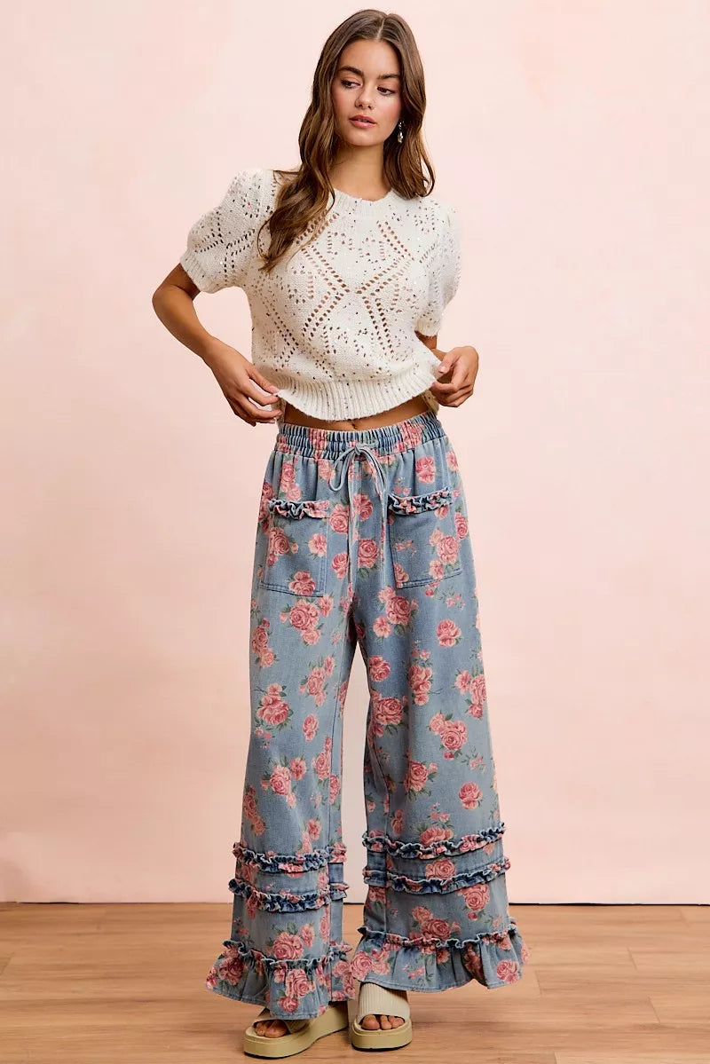 BiBi Washed Floral Denim With Ruffle Elastic Wide Pants - Redemption By Ashley North