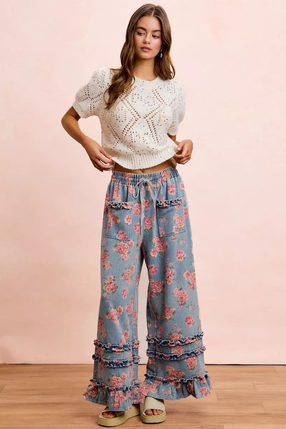 BiBi Washed Floral Denim With Ruffle Elastic Wide Pants - Redemption By Ashley North
