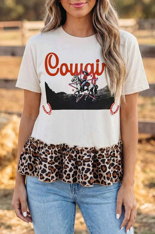 White cowgirl print leopard ruffle T-shirt by Trendsi featuring bold style, comfortable fit, and trendy Western-inspired design.