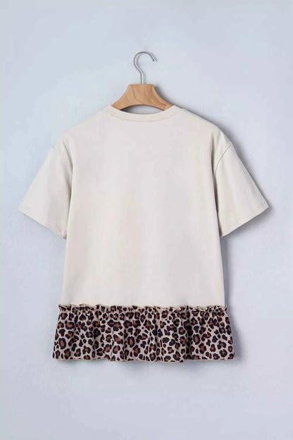 White cowgirl print leopard ruffle T-shirt from Trendsi, featuring bold style and comfortable fit.