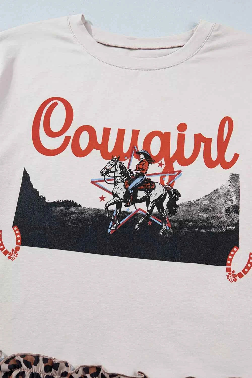 White cowgirl print leopard ruffle T-shirt by Trendsi, featuring bold style and comfortable fit with playful western-inspired design.
