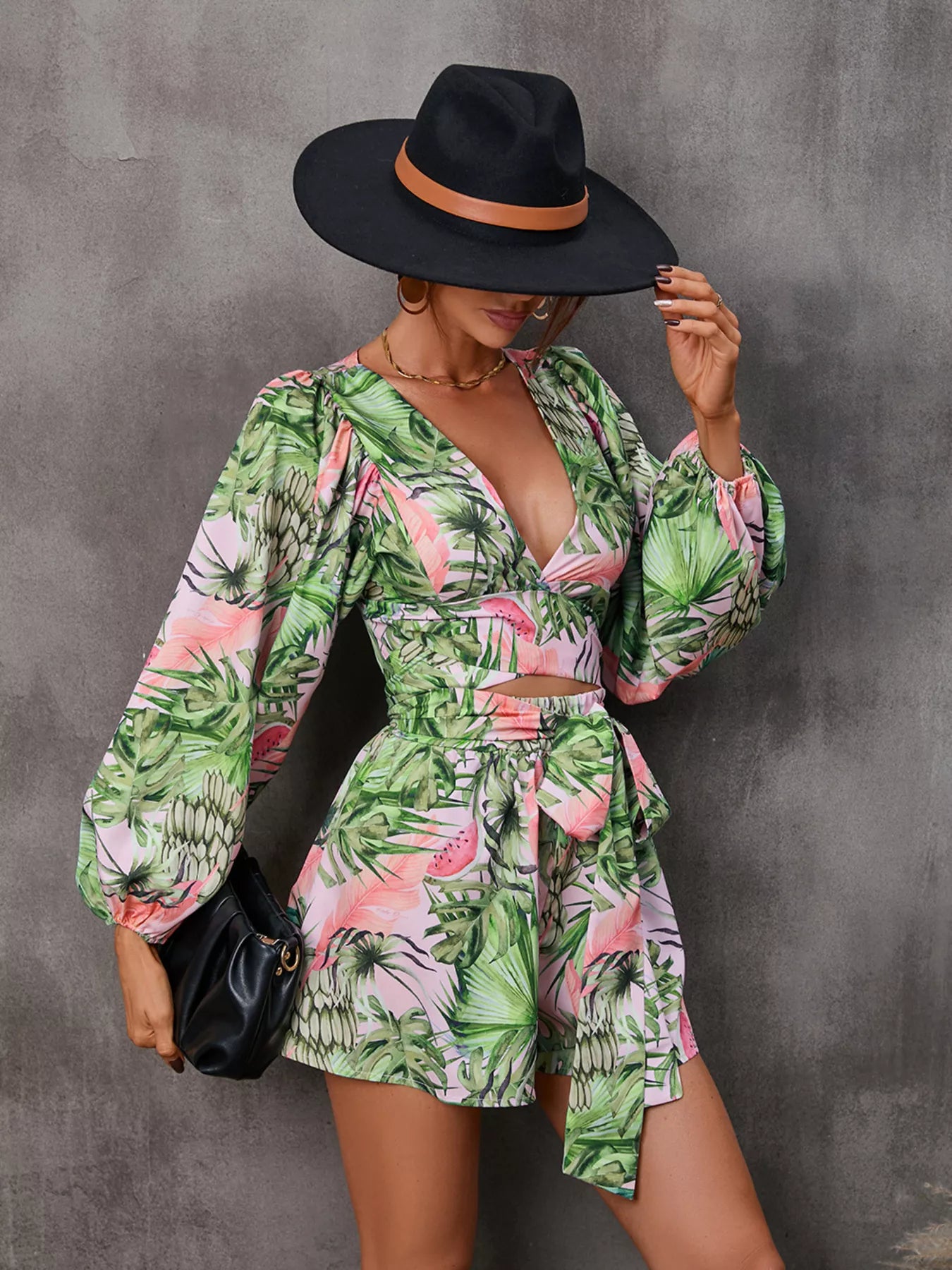 Cutout Front Printed Long Sleeve Romper - Redemption By Ashley North