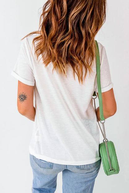 White graphic round neck T-shirt by Trendsi, featuring a stylish design for everyday casual wear.