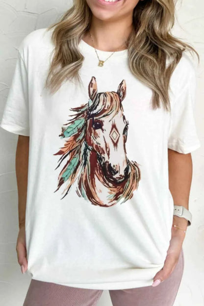 White Western Aztec Horse Graphic Tee by Trendsi, featuring a detailed horse and Aztec design on soft fabric.
