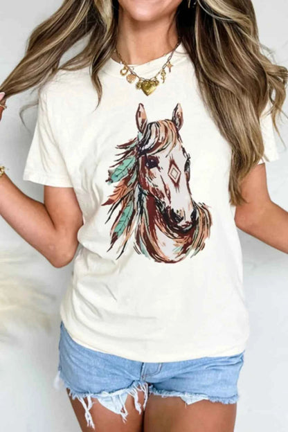 White Western Aztec horse graphic T-shirt by Trendsi featuring a stylish horse and Aztec design, casual and trendy for everyday wear.