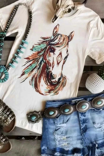 White Western Aztec Horse Graphic Tee by Trendsi, featuring a bold horse and Aztec design on soft cotton fabric.