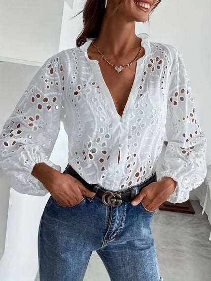 White eyelet embroidered button-front shirt with puffed sleeves, stylish and lightweight, by Trendsi.