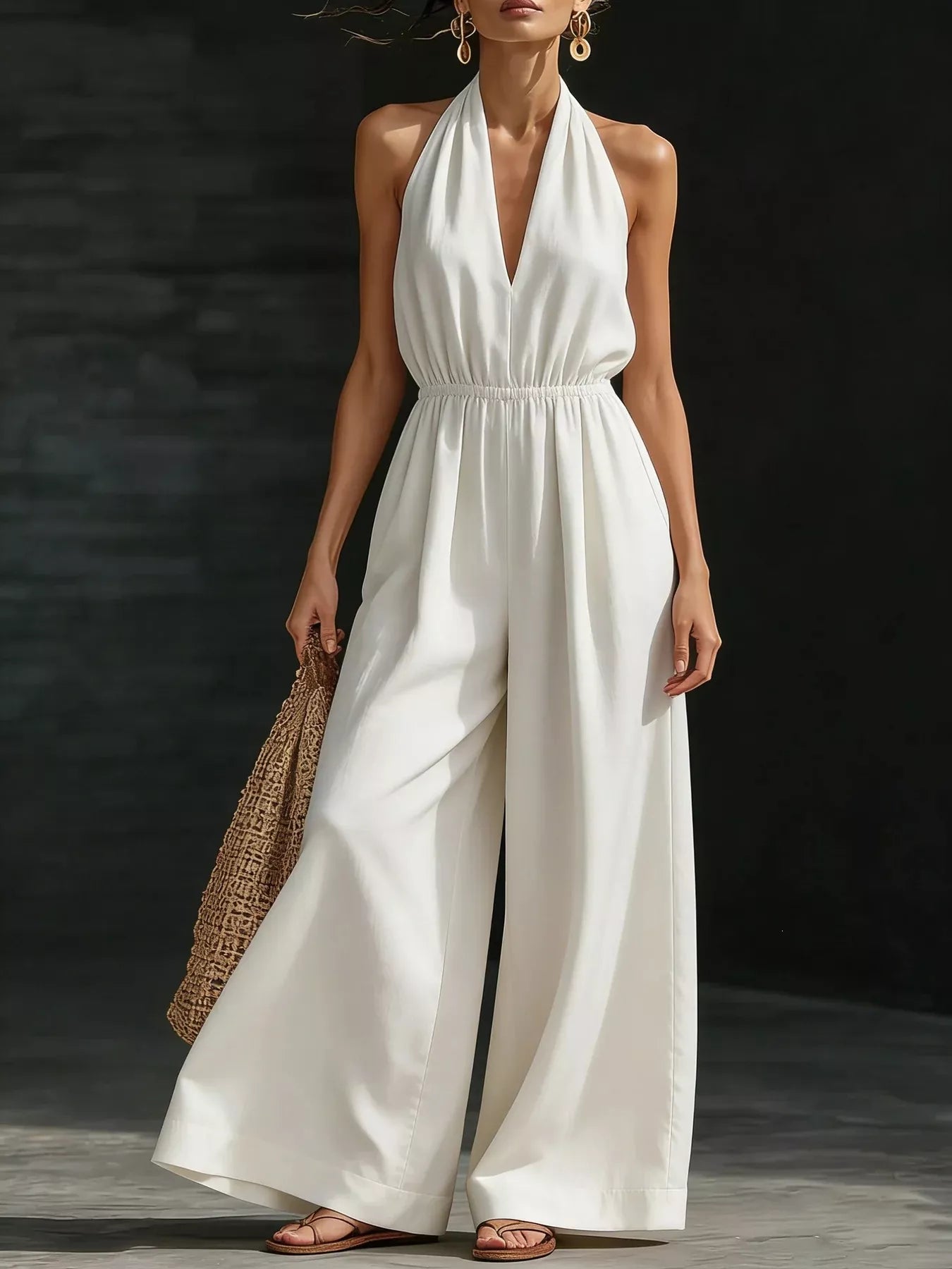 White plus size full-length halter neck wide-leg jumpsuit by Trendsi, featuring a stylish halter design and flowing wide-leg pants.