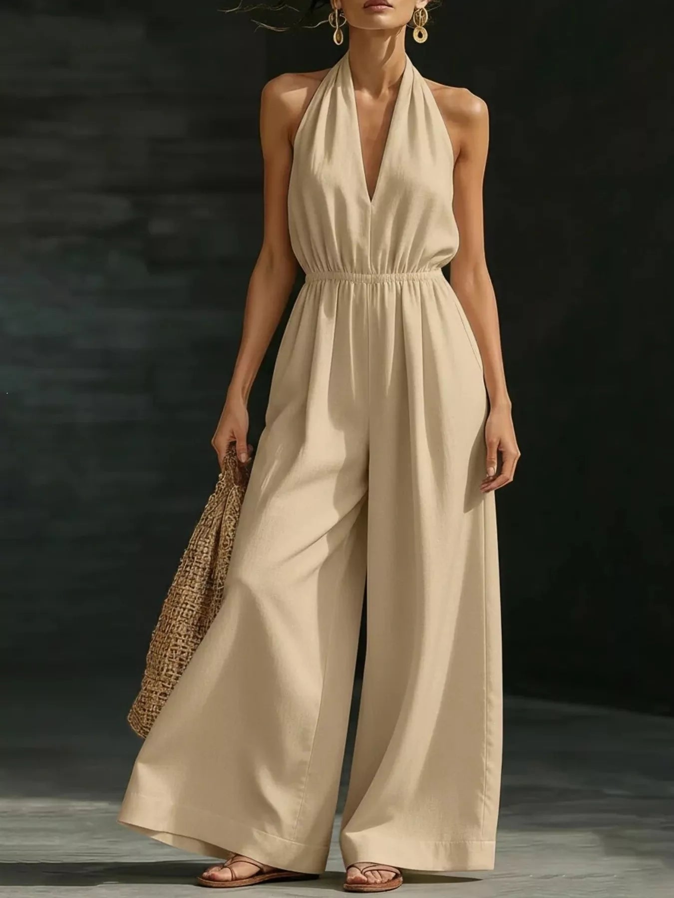 White full-size halter neck wide-leg jumpsuit by Trendsi, showcasing its stylish design and comfortable fit for plus size.