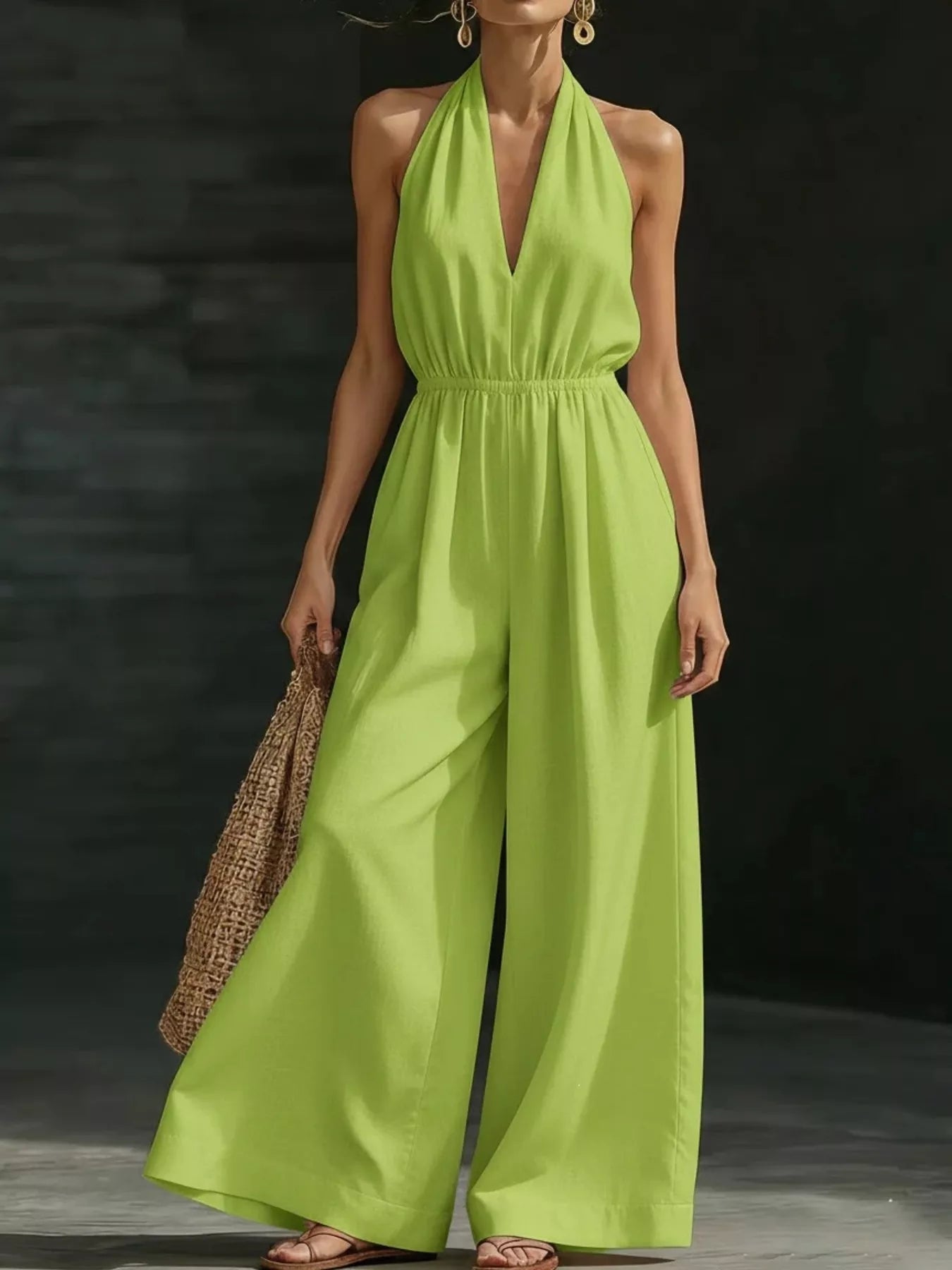 Plus size white halter neck jumpsuit with wide-leg pants from Trendsi, full-length, stylish and comfortable for casual or dressy wear.