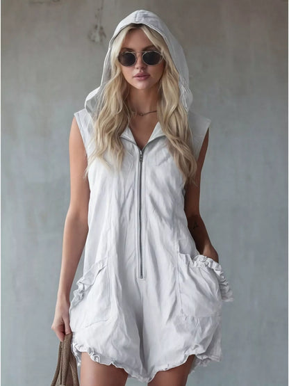 Plus size white hooded sleeveless zipper romper by Trendsi with ruffled pockets, full-length design, and casual style.