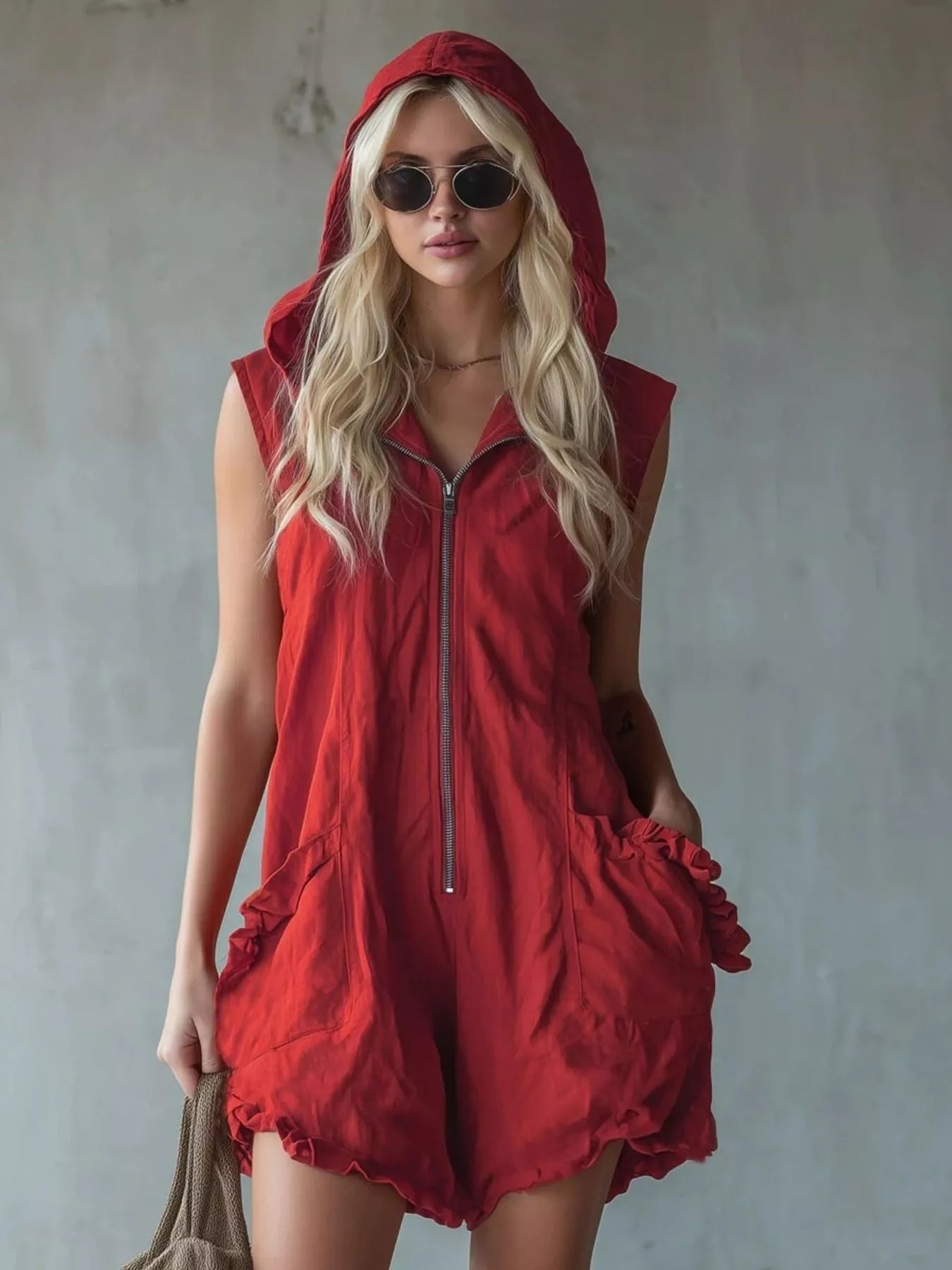 Full size white hooded sleeveless zipper romper with ruffled pockets, plus size trendy jumpsuit from Trendsi.