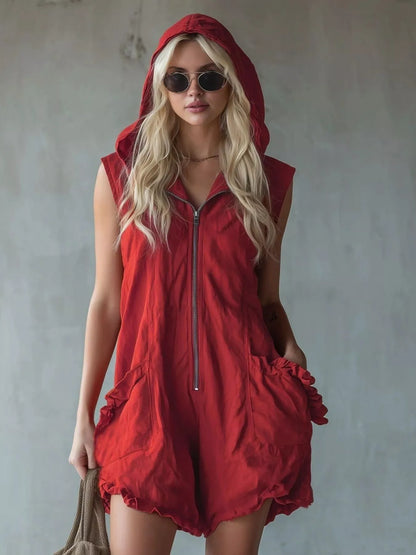 Full size white hooded sleeveless zipper romper with ruffled pockets, plus size trendy jumpsuit from Trendsi.