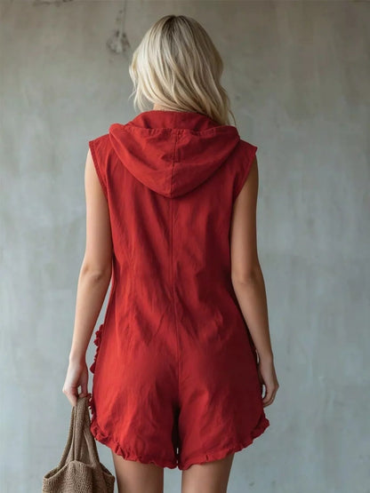 White full-size hooded sleeveless zipper romper with ruffled pockets, plus size, by Trendsi, styled for casual wear.
