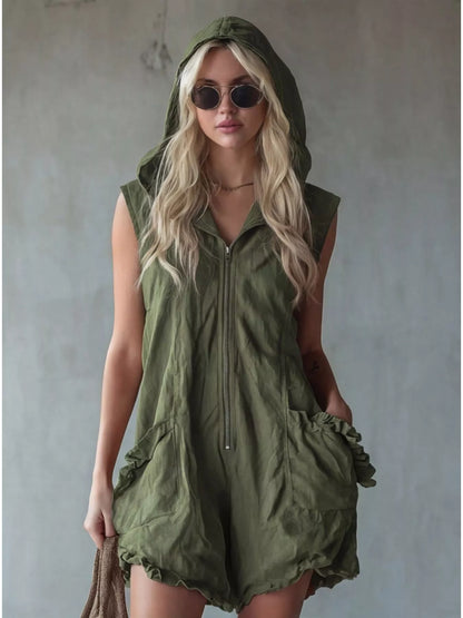 Plus size white hooded sleeveless zipper romper by Trendsi with ruffled pockets, designed for a casual, stylish look.