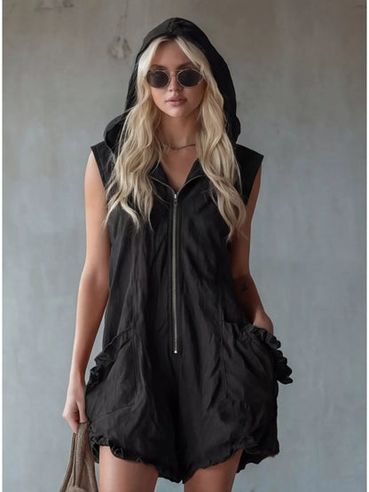 White plus size hooded sleeveless zipper romper with ruffled pockets, casual trendy jumpsuit by Trendsi.