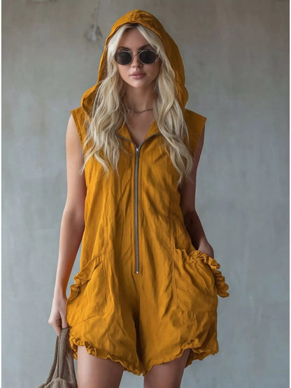White plus size hooded sleeveless zipper romper with ruffled pockets, casual romper from Trendsi.