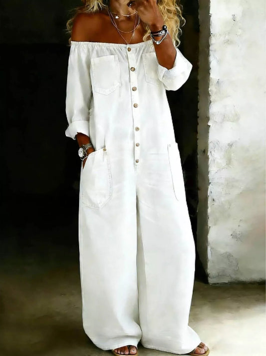 White plus size off-shoulder button-down jumpsuit with wide-leg silhouette, from Trendsi, styled for a chic, relaxed look.