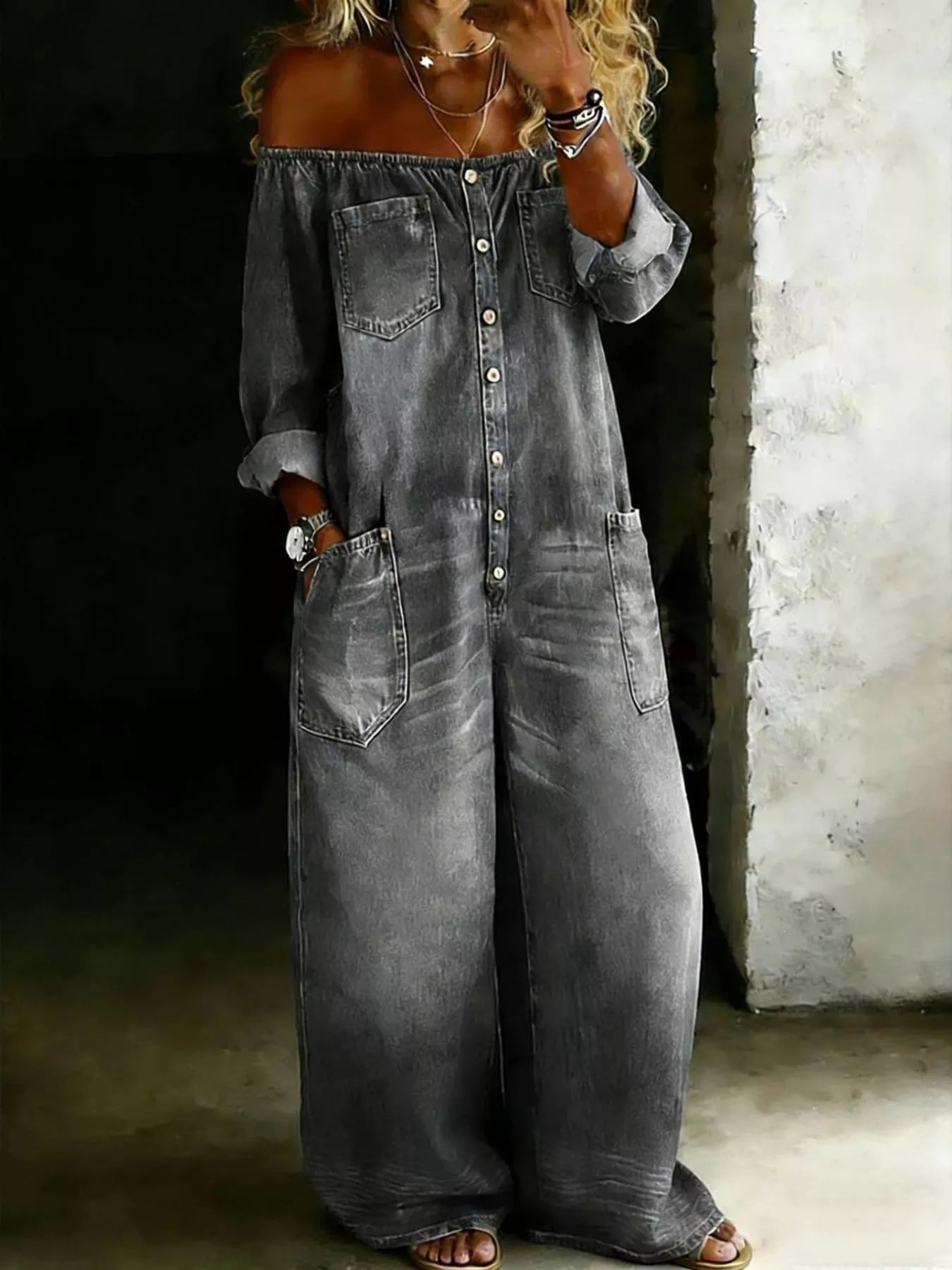 Plus size white off-shoulder button-down jumpsuit with wide-leg fit, stylish and comfortable, by Trendsi.