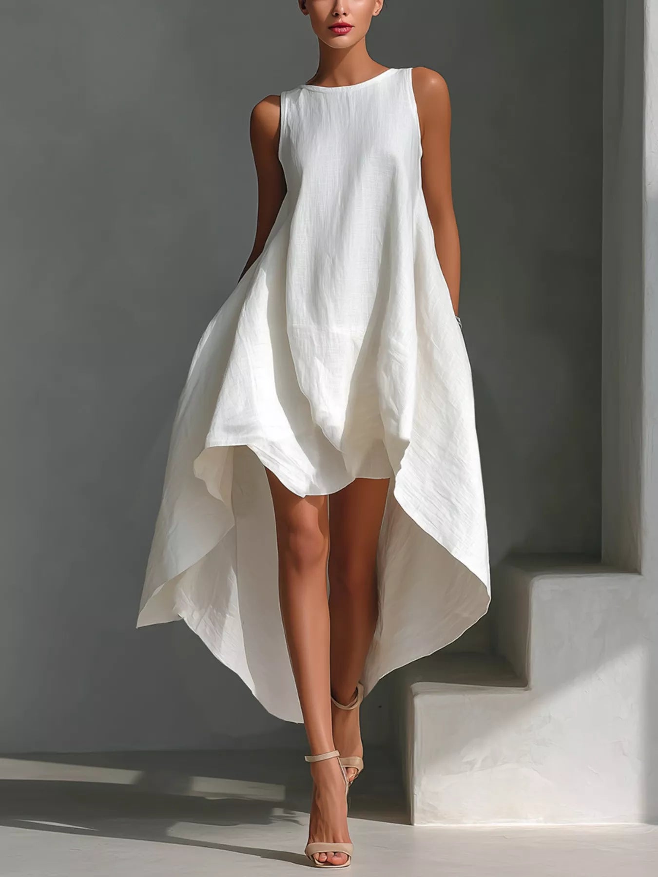 White high-low sleeveless dress with round neckline from Trendsi, shown on a model, highlighting the flowy hem and elegant style.