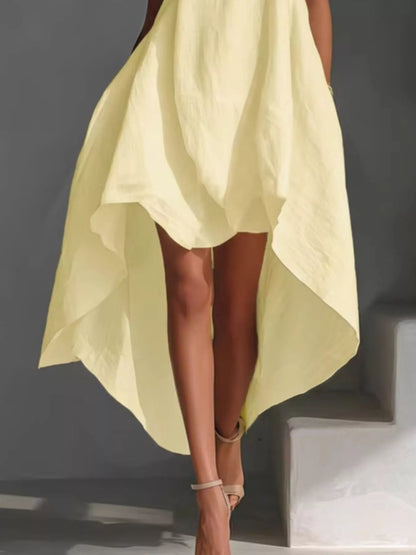 White high-low sleeveless dress with round neckline by Trendsi, displayed on a hanger against a plain background.