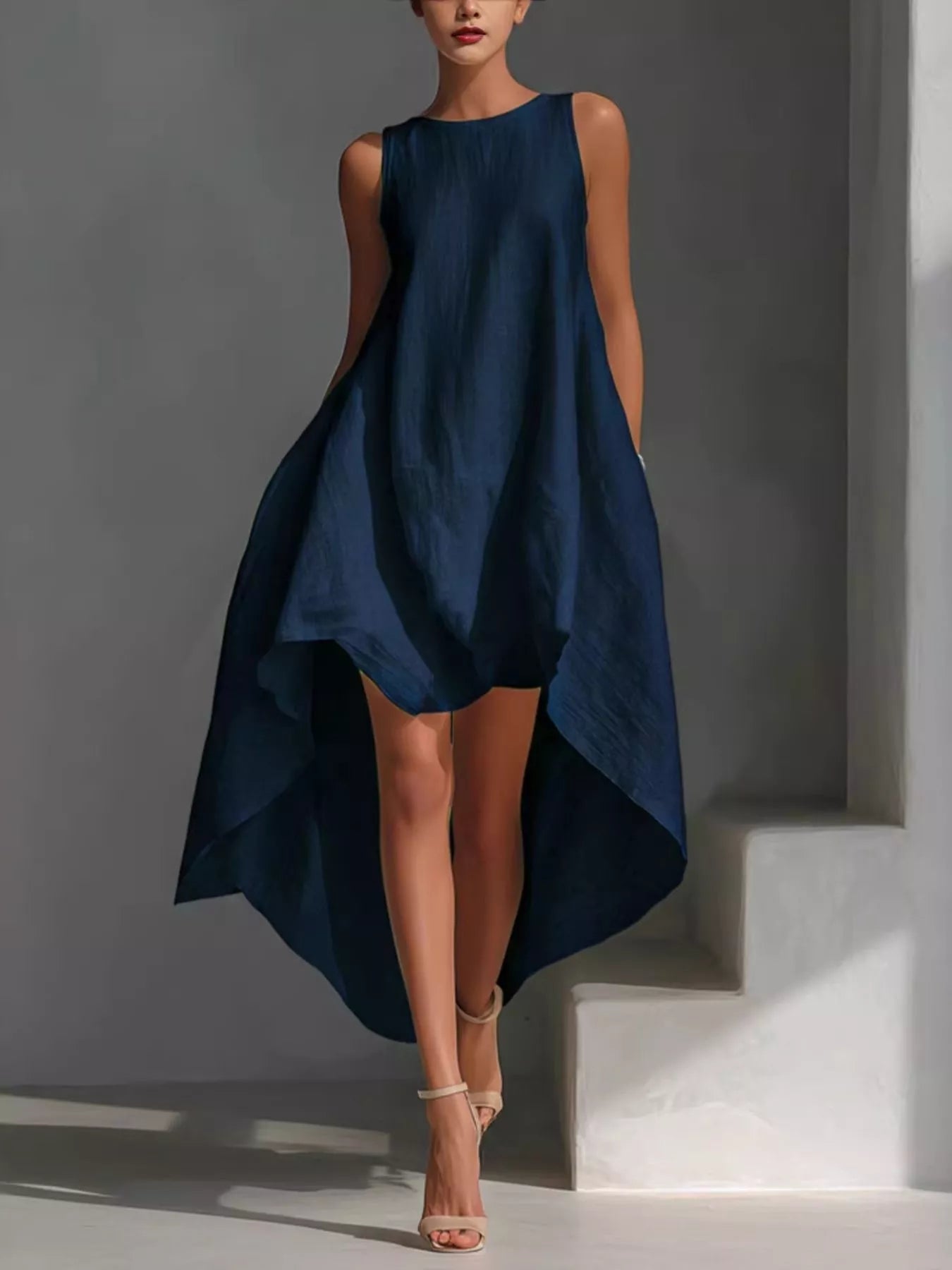 White high-low sleeveless dress with round neckline from Trendsi, shown on a model, perfect for casual or summer wear.