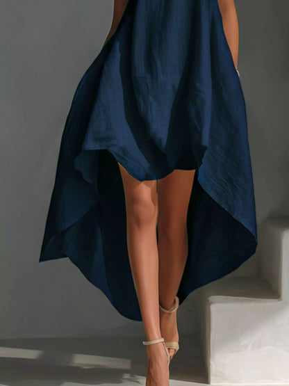 White high-low sleeveless dress with a round neckline by Trendsi, displayed on a mannequin.