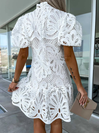 Lace mock neck puff sleeve dress in white, featuring intricate lace details and a fitted silhouette, stylish and elegant for any occasion.