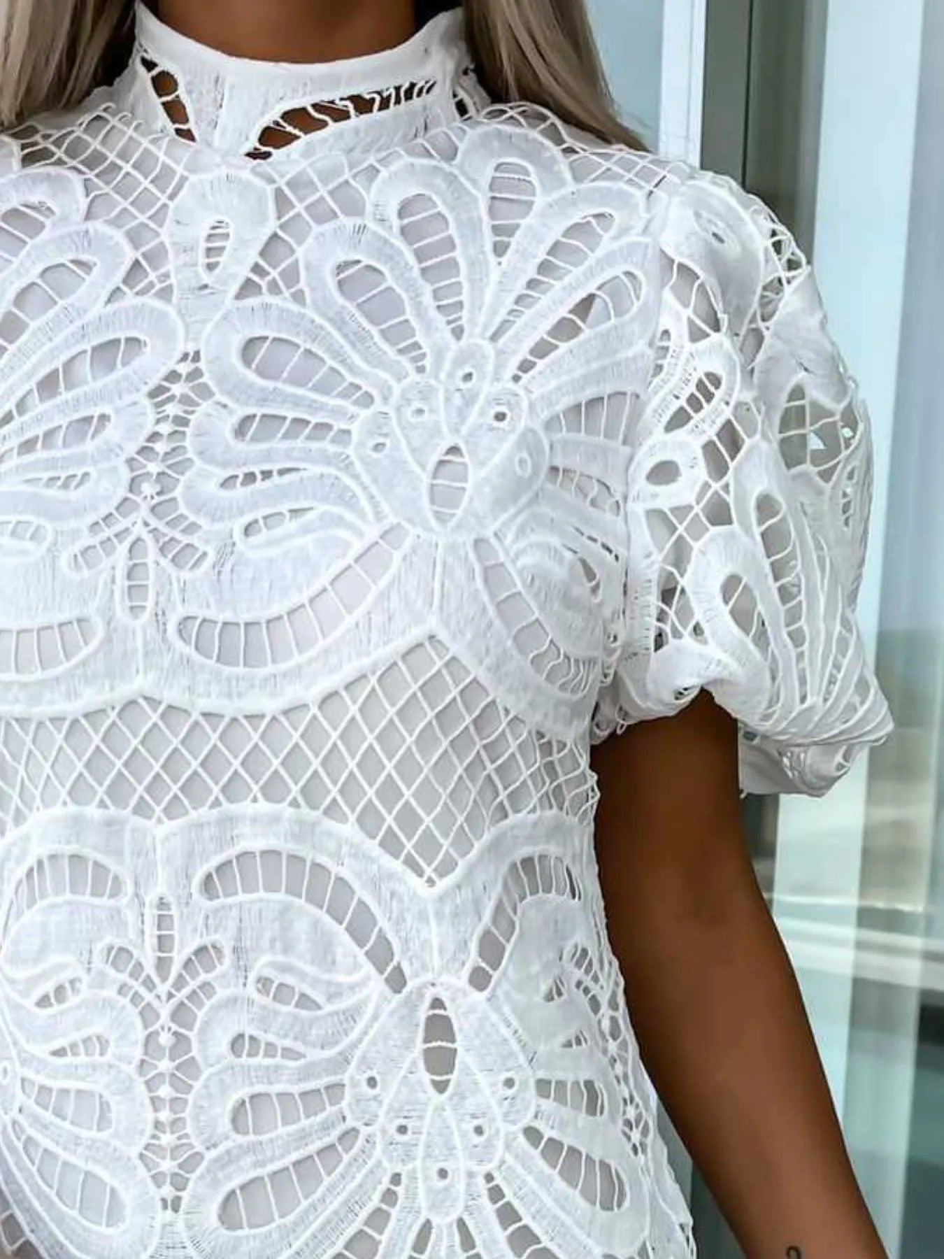 Lace mock neck puff sleeve dress by Trendsi featuring intricate lace fabric, high neckline, and voluminous puff sleeves.