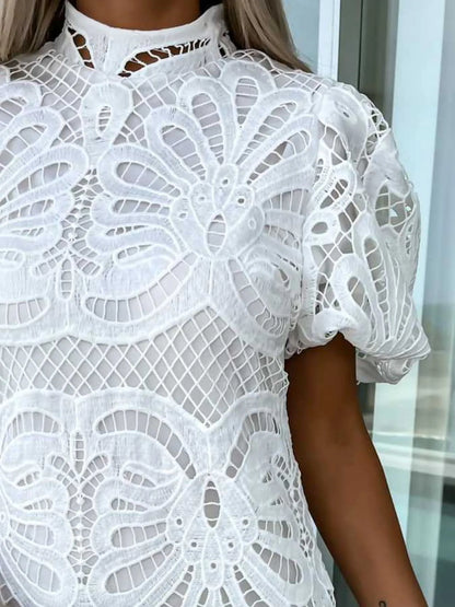Lace mock neck puff sleeve dress by Trendsi featuring intricate lace fabric, high neckline, and voluminous puff sleeves.