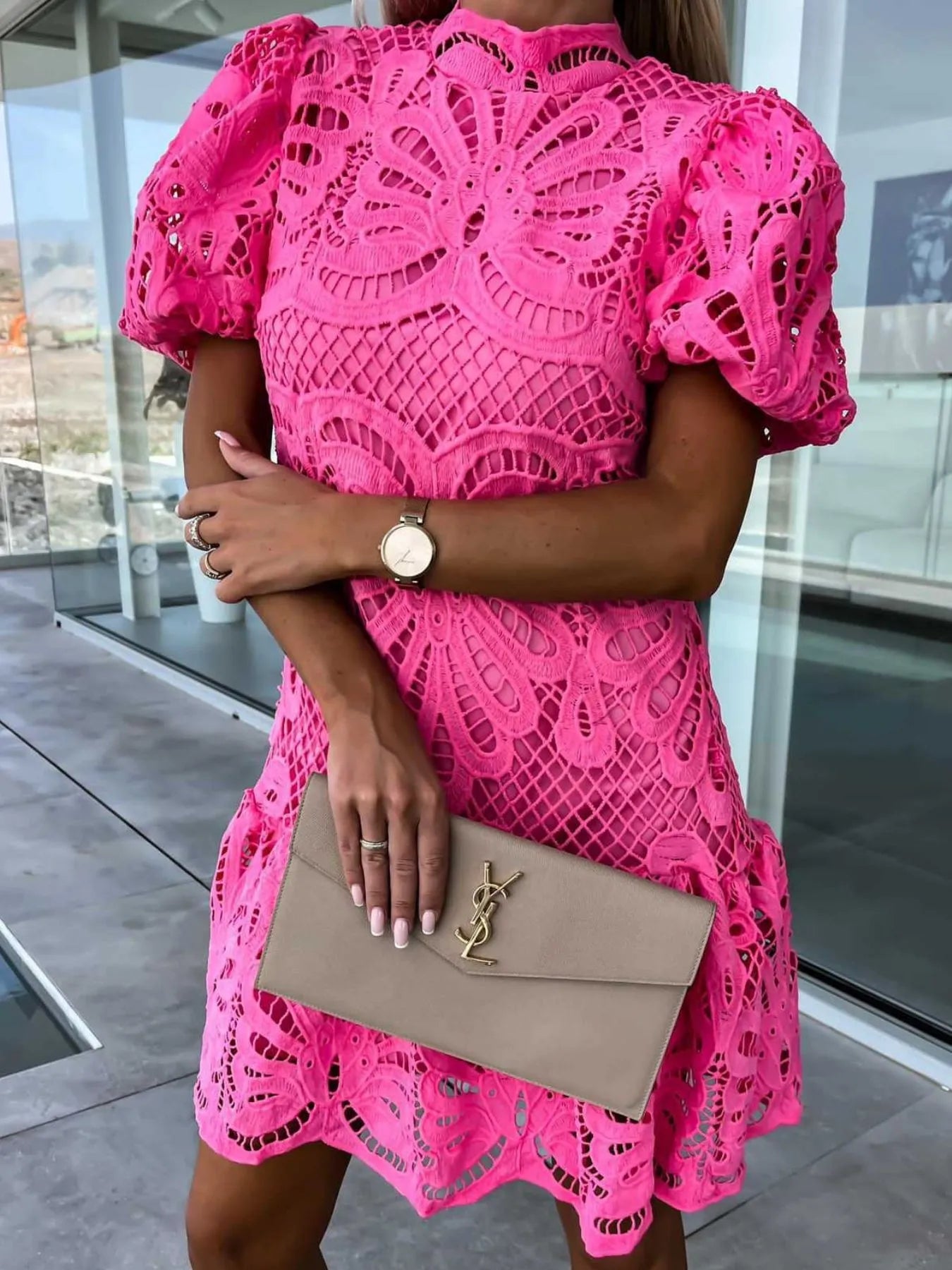 Lace mock neck puff sleeve dress by Trendsi featuring intricate lace detailing and voluminous puff sleeves, stylish and elegant.