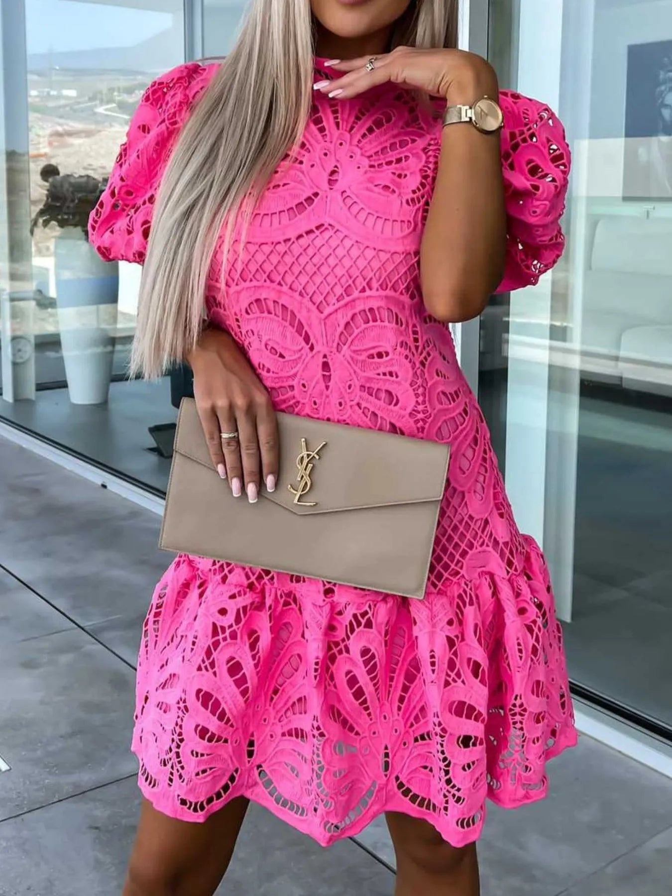 Lace mock neck puff sleeve dress by Trendsi featuring intricate lace details and a fitted silhouette.