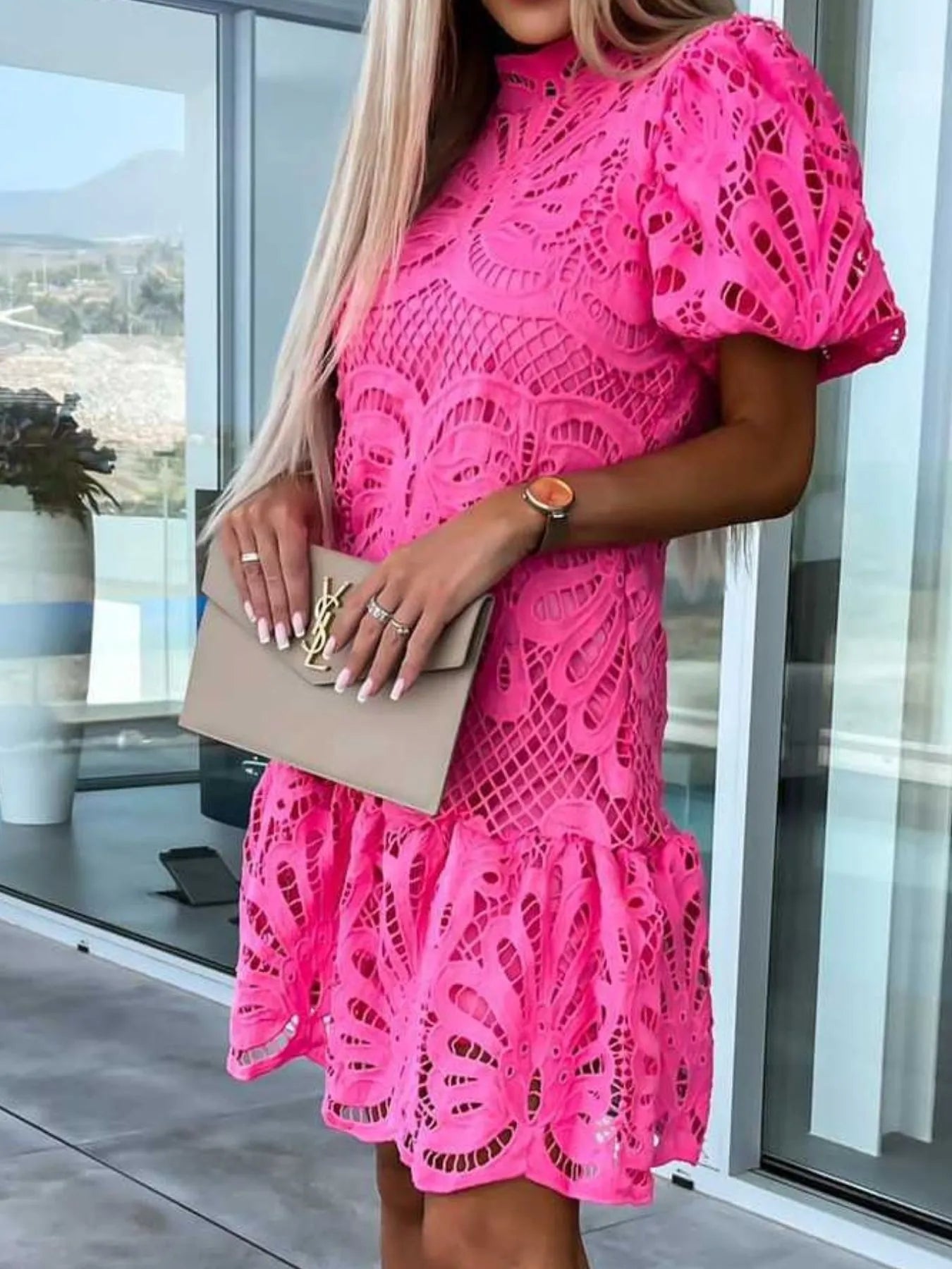 Lace mock neck puff sleeve dress by Trendsi featuring intricate lace details and a feminine silhouette.